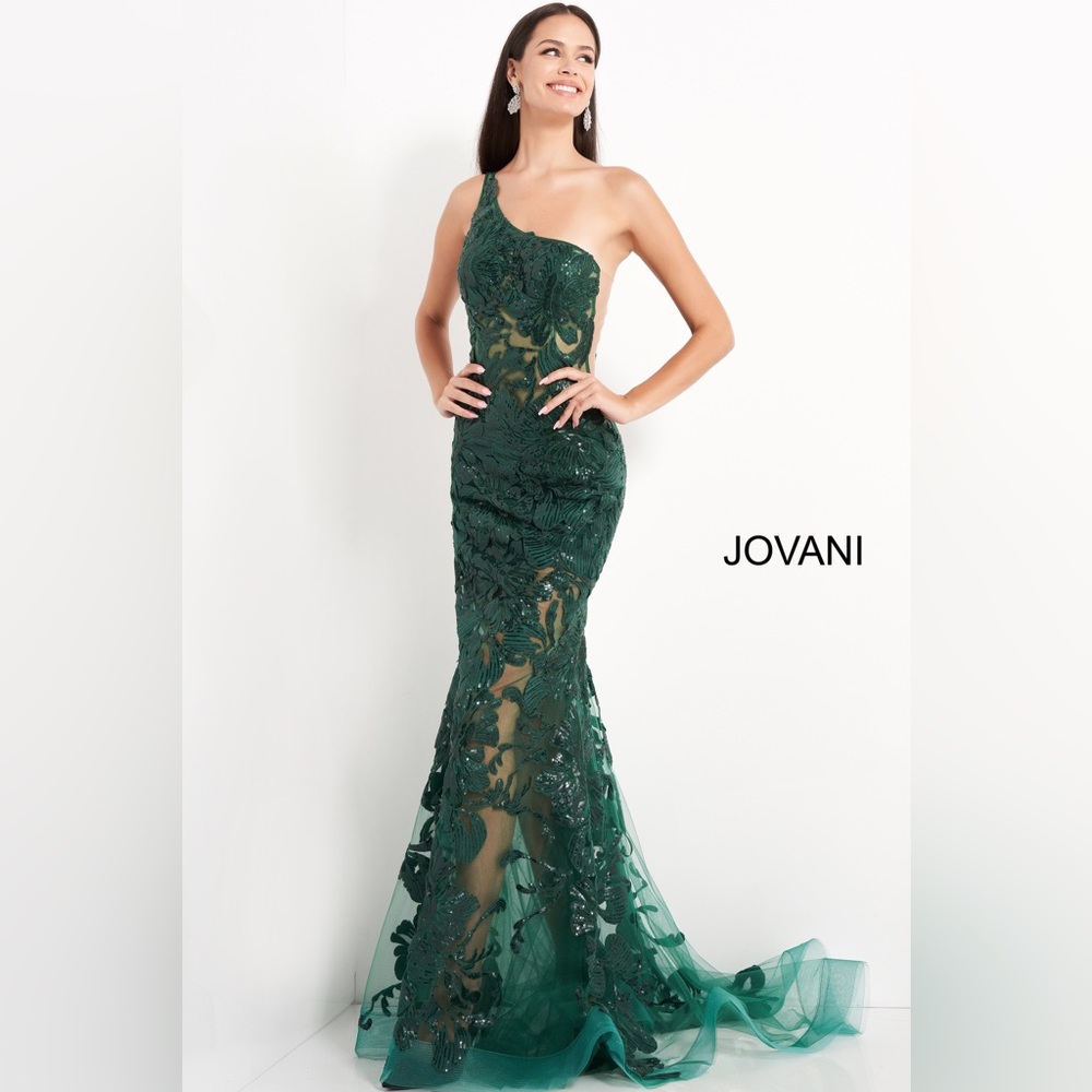 Forest Green one shoulder Jovani prom dress
